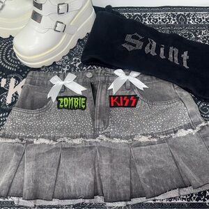 Gray Pleated Skirt with Patches and Rhinestones